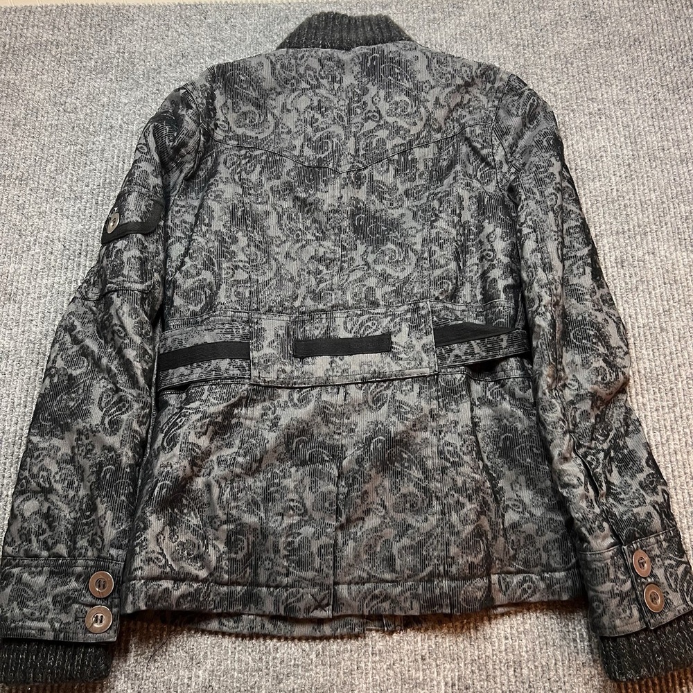 BKE Jacket Black Gray Buckle Paisley Corduroy Whimsygoth Utility Belted Lined - Picture 3 of 12